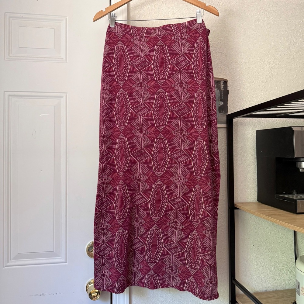 MATA TRADERS magenta burgundy tprinted boho geo tribal pull on midi maxi skirt